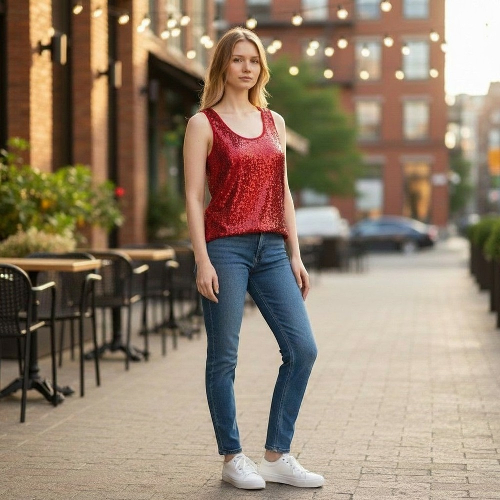 Covington Petite Womens Red Sequin Front‎ Scoop Neck Tank Top Size SP Holiday